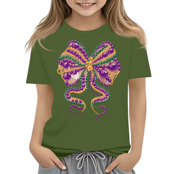 Abcomgle Girls Mardi Gras T-Shirt Carnival Bownot Beads Shirts for Kids Crewneck Short Sleeve Tshirts for Girls Spring Funny Holiday Blouses for Girls