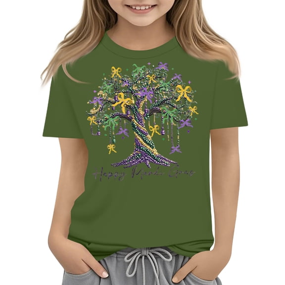 Abcomgle Girls Mardi Gras T-Shirt Carnival Bownot Beads Tree T-Shirts for Girls Crewneck Short Sleeve Shirts for Kids Girls Spring Funny Holiday Blouses for Girls