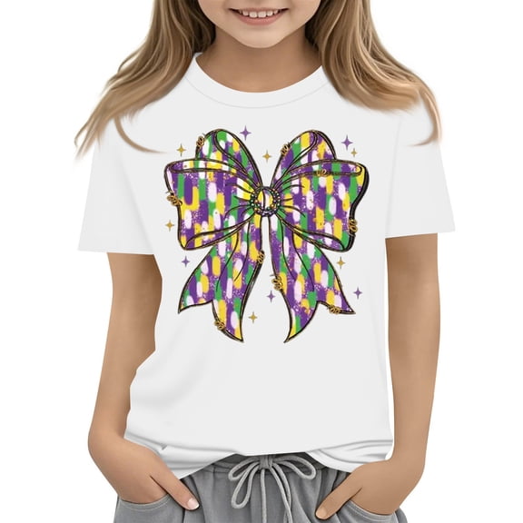 Abcomgle Girls Mardi Gras T-Shirt Carnival Purple Green Yellow Bow Tshirts for Girls Crewneck Short Sleeve Tee Shirts for Girls Spring Funny Parade Tee Top Girls