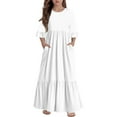thumbnail image 1 of Abcomgle Girls Maxi Dress Size 7-8 Casual A-line Ruffle 3/4 Sleeve Girls Long Dresses Cute Crew Neck Sundresses Tiered Dresses with Pockets,5-6 Years White, 1 of 4