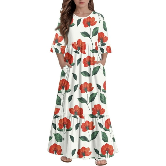 Abcomgle Girls Maxi Dresses 10-12 Casual A-Line 3/4 Sleeve Girls Long Dresses Vintage Floral Print Crew Neck Sundresses Tiered Dresses with Pockets,4-5 Years Red