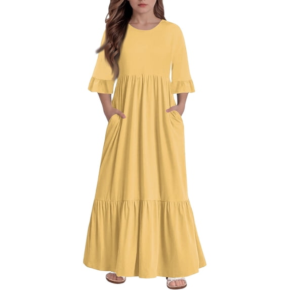 Abcomgle Girls Maxi Dresses 10-12 Casual A-Line 3/4 Sleeve Maxi Dress Solid Color Crew Neck Sundresses Beach Tiered Dresses with Pockets,4-5 Years Yellow