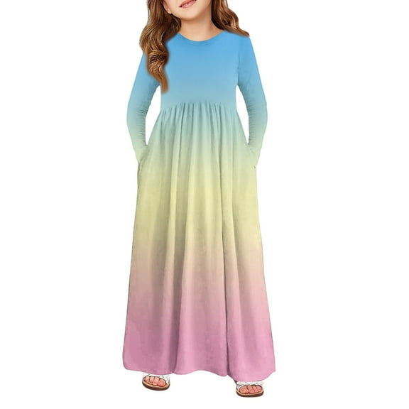 Abcomgle Girls Maxi Dresses 10-12 Casual A-Line Long Sleeve Girls Long Dresses Gradient Crew Neck Sundresses Swing Dresses with Pockets,Beige