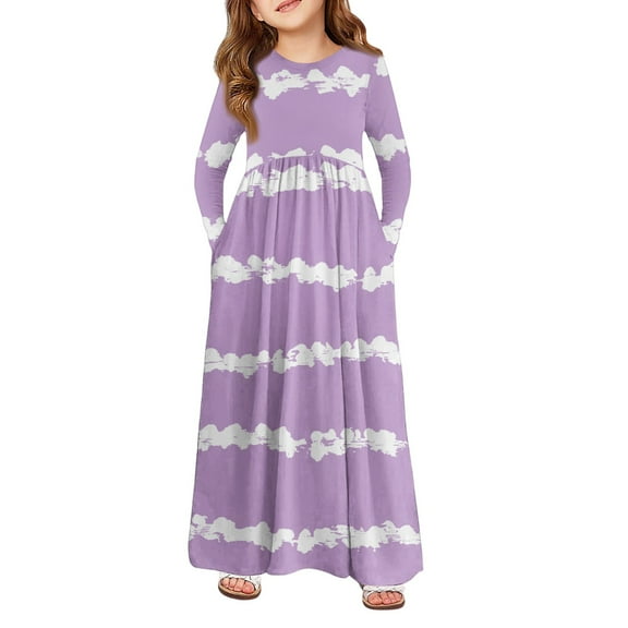 Abcomgle Girls Maxi Dresses 10-12 Casual A-Line Long Sleeve Girls Long Dresses Striped Colorblock Sundresses Loose Crew Neck Swing Skirt with Pockets,Purple