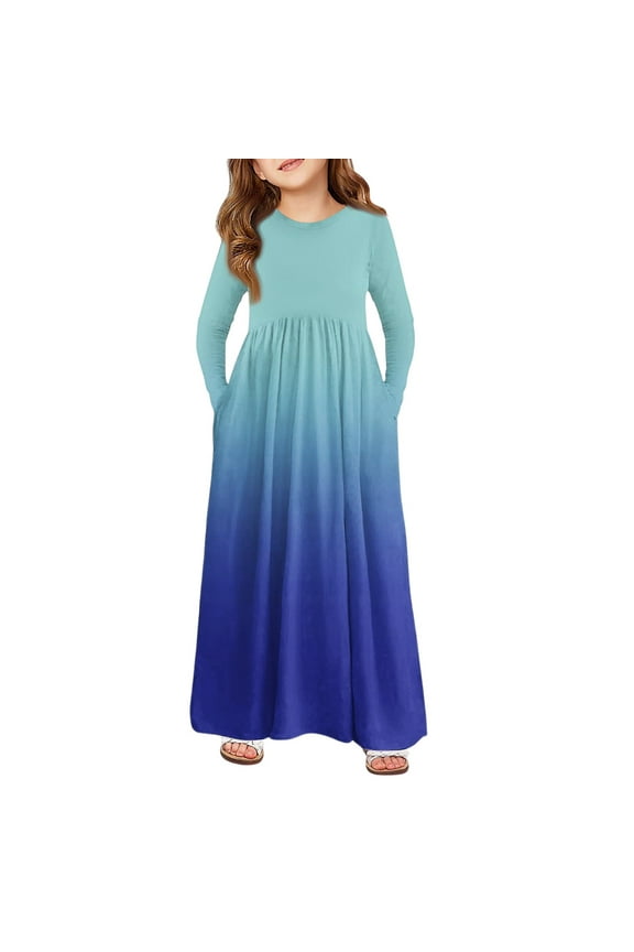 Girls Maxi Dresses 10-12 Casual A-Line Long Sleeve Maxi Dress Gradient Crew Neck Sundresses Swing Dresses with Pockets,Blue