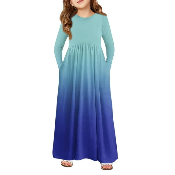 Abcomgle Girls Maxi Dresses 10-12 Casual A-Line Long Sleeve Maxi Dress Gradient Crew Neck Sundresses Swing Dresses with Pockets,Blue