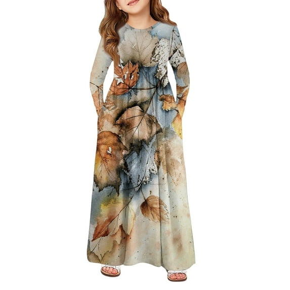 Abcomgle Girls Maxi Dresses 10-12 Casual A-Line Long Sleeve Maxi Dress Maple Leaf Graphic Crew Neck Sundresses Swing Skirt with Pockets,Yellow