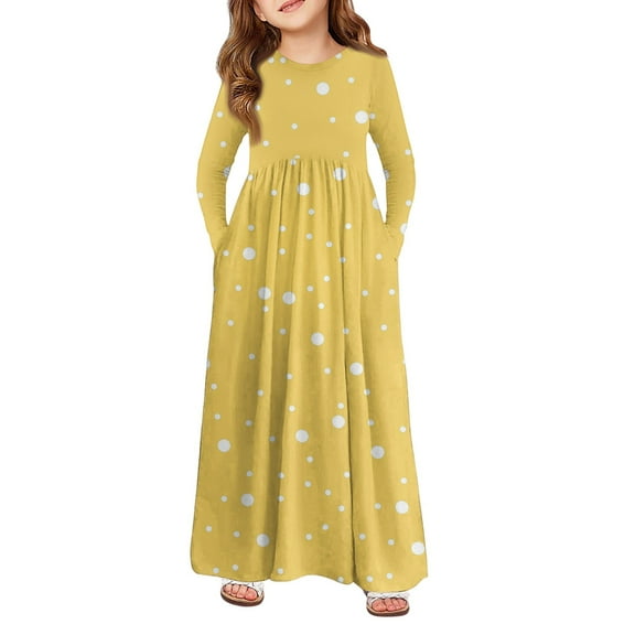 Abcomgle Girls Maxi Dresses 10-12 Casual A-Line Long Sleeve Maxi Dress Polka Dot Crew Neck Sundresses Swing Dresses with Pockets,Yellow