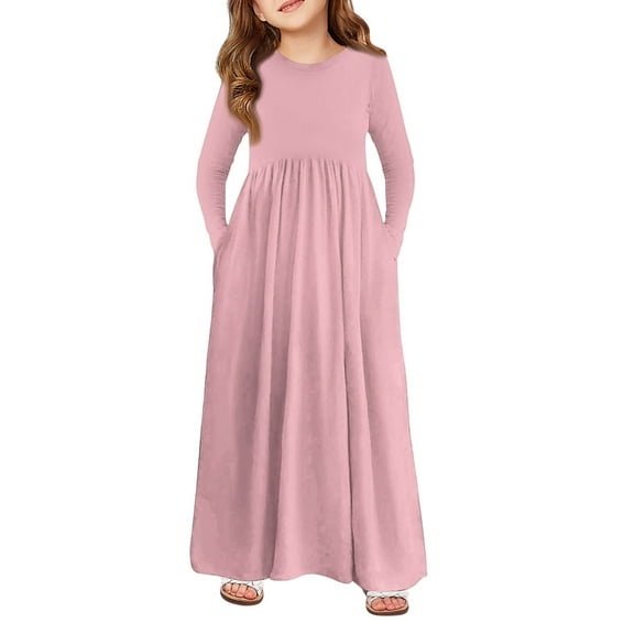Abcomgle Girls Maxi Dresses 10-12 Casual A-Line Long Sleeve Maxi Dress Solid Color Crew Neck Sundresses Swing Basic Dresses with Pockets,Pink