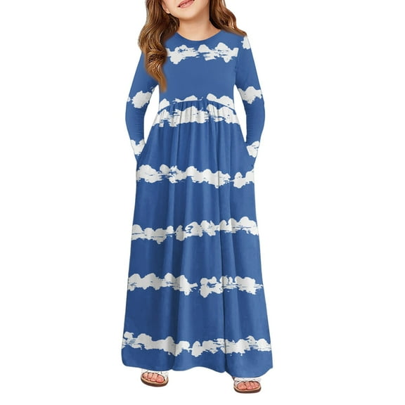 Abcomgle Girls Maxi Dresses 10-12 Casual A-Line Long Sleeve Maxi Dress Striped Colorblock Crew Neck Sundresses Beach Swing Dresses with Pockets,Blue