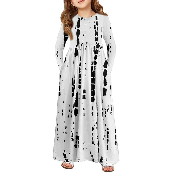 Abcomgle Girls Maxi Dresses 10-12 Casual A-Line Long Sleeve Maxi Dress Striped Crew Neck Sundresses Summer Swing Dresses with Pockets,White