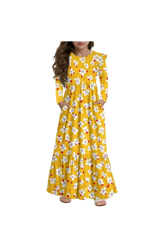 Girls Maxi Dresses 10-12 Casual A-Line Ruffle Long Sleeve Girls Long Dresses Floral Print Crew Neck Sundresses Formal Tiered Dresses with Pockets,Earthy Yellow