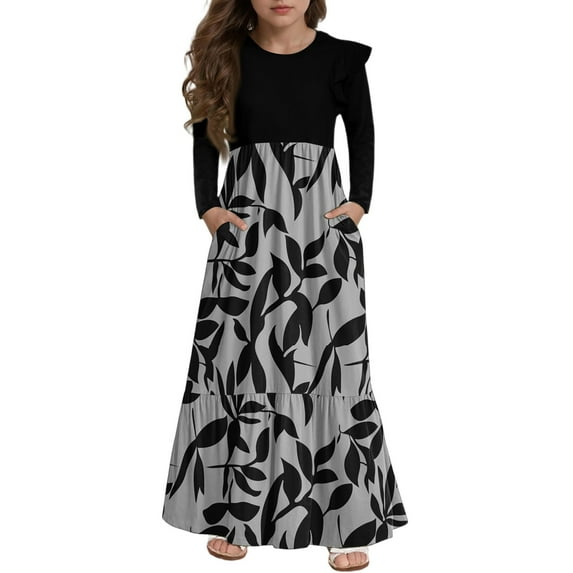 Abcomgle Girls Maxi Dresses 10-12 Casual Patchwork Ruffle Long Sleeve Maxi Dress Vintage Floral Print Crew Neck Sundresses Tiered Dresses with Pockets,9-10 Years Dark Gray