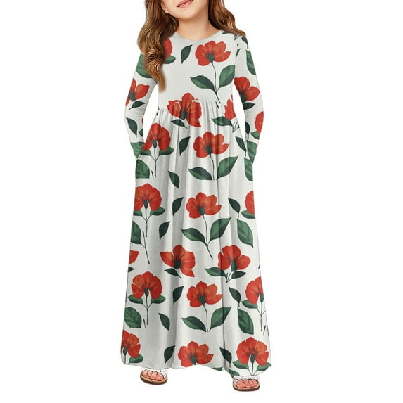 Abcomgle Girls Maxi Dresses 14-16 Casual A-Line Long Sleeve Maxi Dress Vintage Floral Print Crew Neck Sundresses Basic Swing Skirt with Pockets,Red