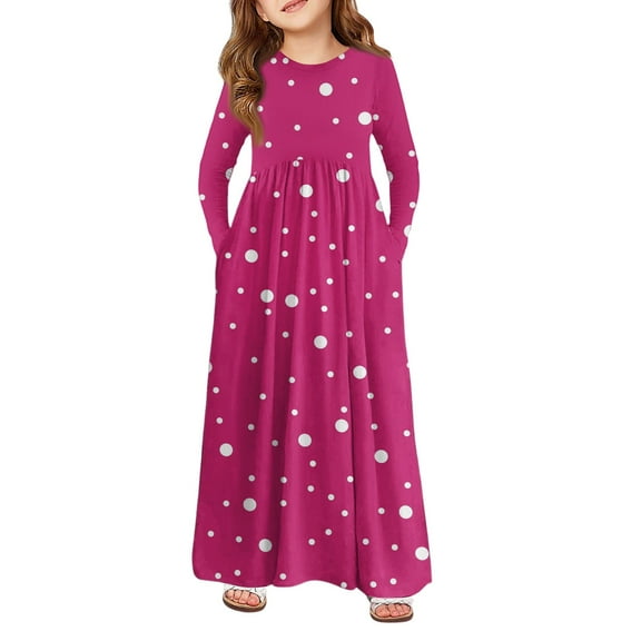 Abcomgle Girls Maxi Dresses 7-16 A-Line Long Sleeve Maxi Dress Polka Dot Crew Neck Sundresses Swing Basic Dresses with Pockets,Pink