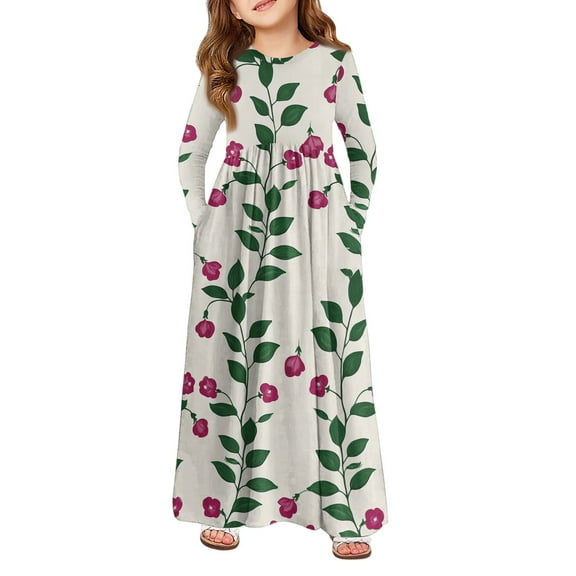 Abcomgle Girls Maxi Dresses 7-16 A-Line Long Sleeve Maxi Dress Vintage Floral Print Crew Neck Sundresses Basic Swing Skirt with Pockets,Green