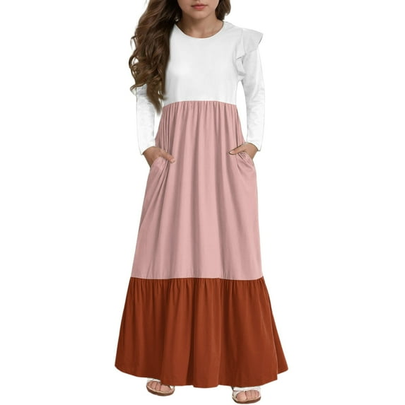 Abcomgle Girls Maxi Dresses 7-16 A-Line Ruffle Long Sleeve Girls Long Dresses Colorblock Crew Neck Sundresses Elegant Tiered Dresses with Pockets,Orange