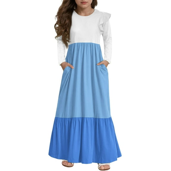Abcomgle Girls Maxi Dresses 7-16 A-Line Ruffle Long Sleeve Girls Long Dresses Colorblock Crew Neck Sundresses Tiered Formal Dresses with Pockets,Blue