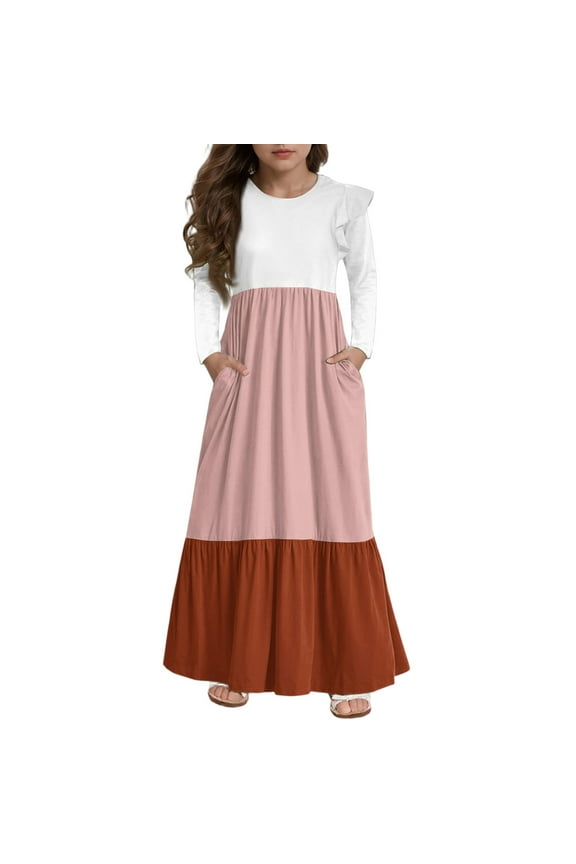 Girls Maxi Dresses 7-16 A-Line Ruffle Long Sleeve Maxi Dress Colorblock Crew Neck Sundresses Beach Tiered Dresses with Pockets,Orange