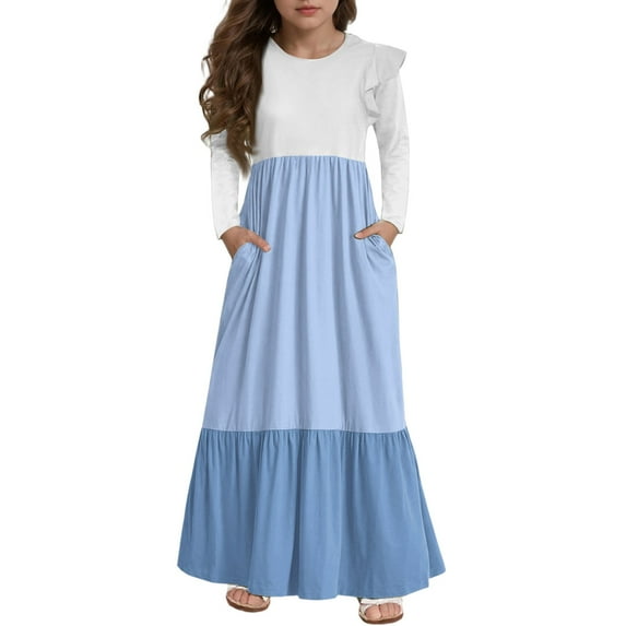Abcomgle Girls Maxi Dresses 7-16 A-Line Ruffle Long Sleeve Maxi Dress Colorblock Crew Neck Sundresses Tiered Dresses with Pockets,Light Blue