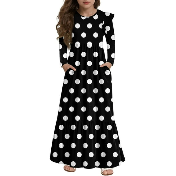 Abcomgle Girls Maxi Dresses 7-16 A-Line Ruffle Long Sleeve Maxi Dress Polka Dot Crew Neck Sundresses Beach Tiered Dresses with Pockets,Black