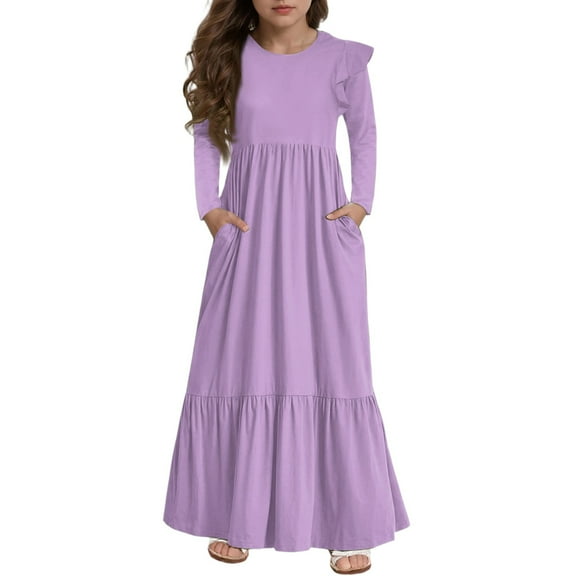 Abcomgle Girls Maxi Dresses 7-16 A-Line Ruffle Long Sleeve Maxi Dress Solid Color Crew Neck Sundresses Elegant Tiered Dresses with Pockets,Light Purple