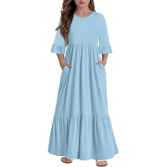 Abcomgle Girls Beach Dress Casual A-line Ruffle 3/4 Sleeve Maxi Dress Cute Crew Neck Sundresses Tiered Dresses with Pockets,4-5 Years Light Blue