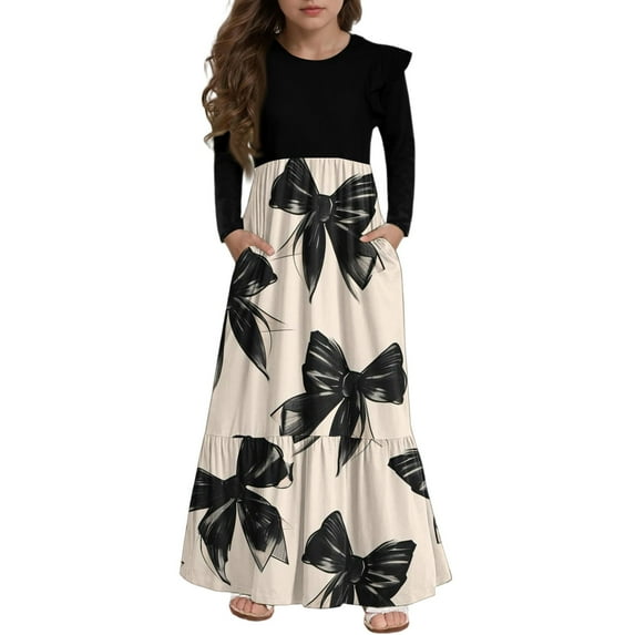 Abcomgle Girls Maxi Dresses 7-16 Patchwork Ruffle Long Sleeve Maxi Dress Bownot Graphic Crew Neck Sundresses Beach Tiered Dresses with Pockets,5-6 Years Beige