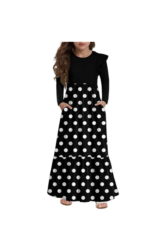 Girls Maxi Dresses 7-16 Patchwork Ruffle Long Sleeve Maxi Dress Polka Dot Crew Neck Sundresses Tiered Dresses with Pockets,13-14 Years Black