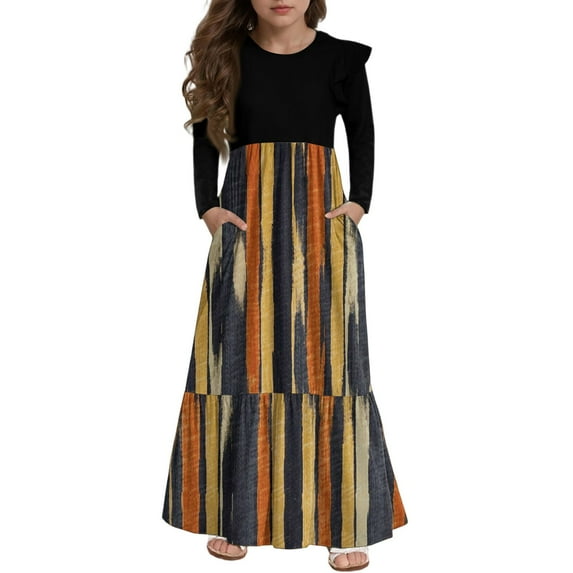Abcomgle Girls Maxi Dresses 7-16 Patchwork Ruffle Long Sleeve Maxi Dress Vintage Floral Print Crew Neck Sundresses Tiered Dresses with Pockets,4-5 Years Orange