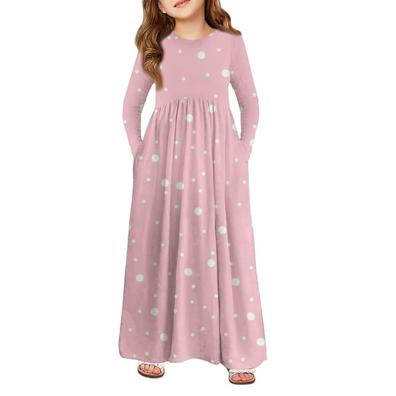 Abcomgle Girls Maxi Dresses 7-8 Casual A-Line Long Sleeve Girls Long Dresses Polka Dot Crew Neck Sundresses Swing Dresses with Pockets,Pink