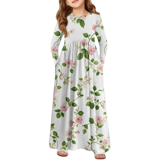 Abcomgle Girls Maxi Dresses 7-8 Casual A-Line Long Sleeve Girls Long Dresses Vintage Floral Print Crew Neck Sundresses Swing Dresses with Pockets,Green