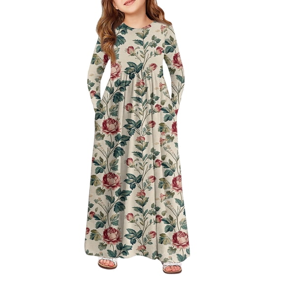 Abcomgle Girls Maxi Dresses 7-8 Casual A-Line Long Sleeve Maxi Dress Vintage Floral Print Crew Neck Sundresses Flare Swing Dresses with Pockets,Beige