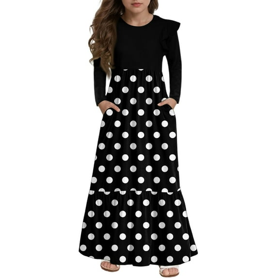 Abcomgle Girls Maxi Dresses 7-8 Casual Patchwork Ruffle Long Sleeve Girls Long Dresses Polka Dot Crew Neck Sundresses Tiered Dresses with Pockets,5-6 Years Black