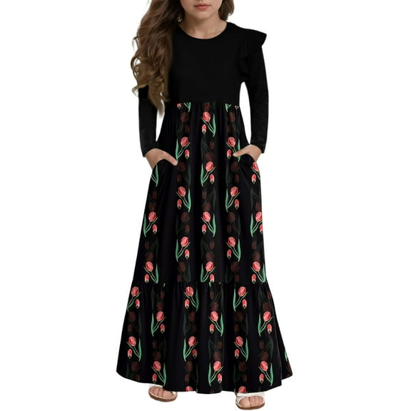 Abcomgle Girls Maxi Dresses 7-8 Casual Patchwork Ruffle Long Sleeve Girls Long Dresses Vintage Floral Print Crew Neck Sundresses Tiered Basic Dresses with Pockets,9-10 Years Black