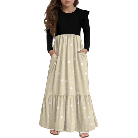 Abcomgle Girls Maxi Dresses 7-8 Casual Patchwork Ruffle Long Sleeve Maxi Dress Polka Dot Crew Neck Sundresses Flowy Tiered Dresses with Pockets,11-12 Years Beige