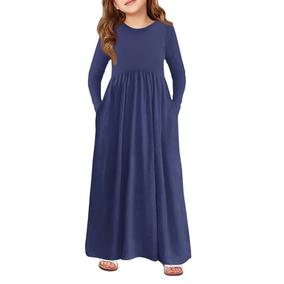 Abcomgle Girls Maxi Dresses Casual A-Line Long Sleeve Girls Long Dresses Solid Color Crew Neck Sundresses Holiday Swing Skirt with Pockets,Blue