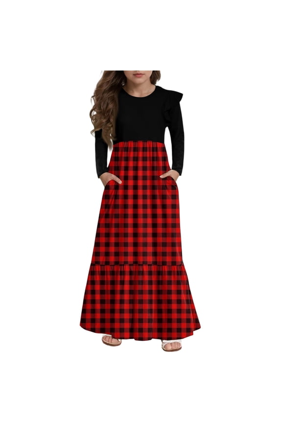 Girls Maxi Dresses 7-8 Casual Patchwork Ruffle Long Sleeve Girls Long Dresses Plaid Crew Neck Sundresses Tiered Dresses with Pockets,9-10 Years Wine