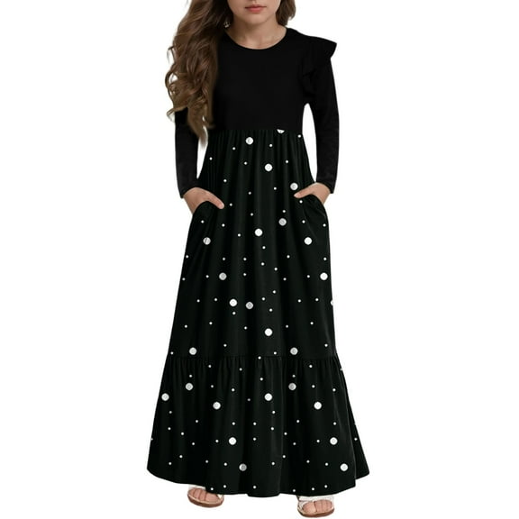 Abcomgle Girls Maxi Dresses Casual Patchwork Ruffle Long Sleeve Girls Long Dresses Polka Dot Crew Neck Sundresses Tiered Dresses with Pockets,13-14 Years Black