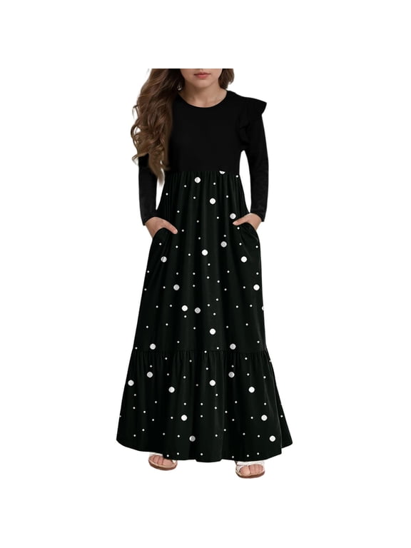 Girls Maxi Dresses Casual Patchwork Ruffle Long Sleeve Girls Long Dresses Polka Dot Crew Neck Sundresses Tiered Dresses with Pockets,13-14 Years Black