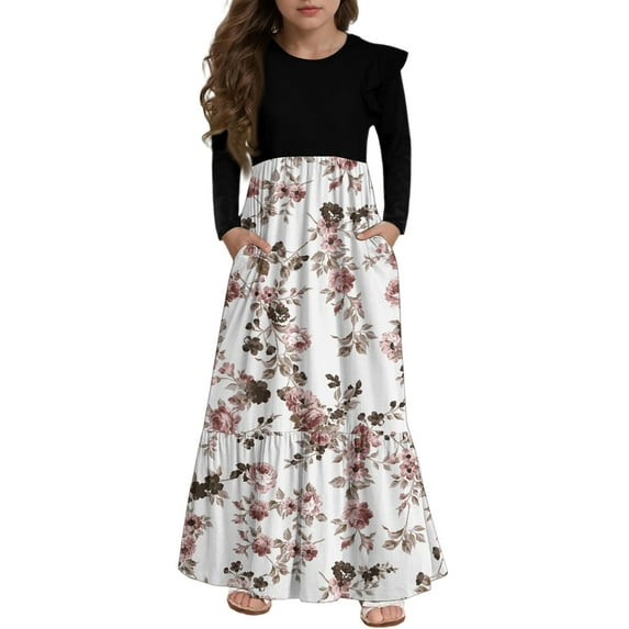 Abcomgle Girls Maxi Dresses Casual Patchwork Ruffle Long Sleeve Girls Long Dresses Vintage Floral Print Crew Neck Sundresses Tiered Holiday Dresses with Pockets,4-5 Years White