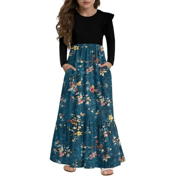 Abcomgle Girls Maxi Dresses Casual Patchwork Ruffle Long Sleeve Maxi Dress Vintage Floral Print Crew Neck Sundresses Summer Tiered Dresses with Pockets,7-8 Years Navy