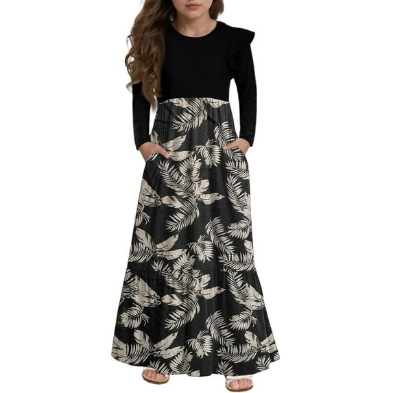 Abcomgle Girls Maxi Dresses Size 14-16 Casual Patchwork Ruffle Long Sleeve Maxi Dress Vintage Floral Print Crew Neck Sundresses Tiered Flowy Dresses with Pockets,9-10 Years Dark Gray