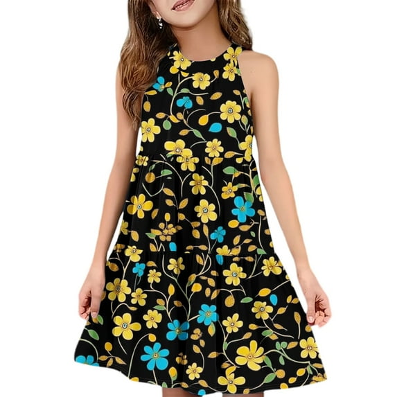 Abcomgle Girls Midi Dresses 10-12 Casual Halter Neck Sleeveless Girls Dresses Floral Print A-line Sundresses Flare Swing Skirt 11-12 Years,Yellow