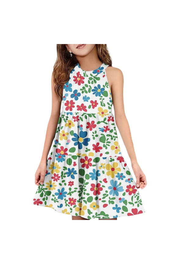 Girls Midi Dresses 7-16 Halter Neck Sleeveless Girls Dresses Floral Print A-line Sundresses Summer Swing Dresses 7-8 Years,Sky Blue