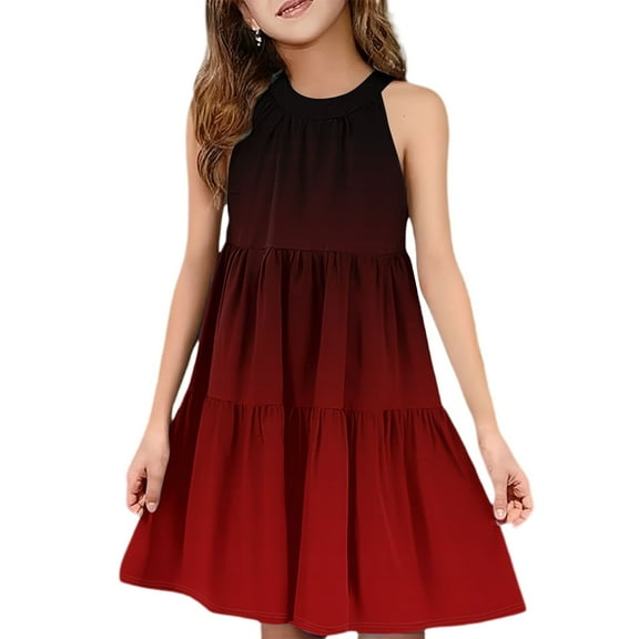 Abcomgle Girls Midi Dresses 7-16 Halter Neck Sleeveless Girls Dresses Gradient A-line Sundresses Basic Swing Dresses 9-10 Years,Wine