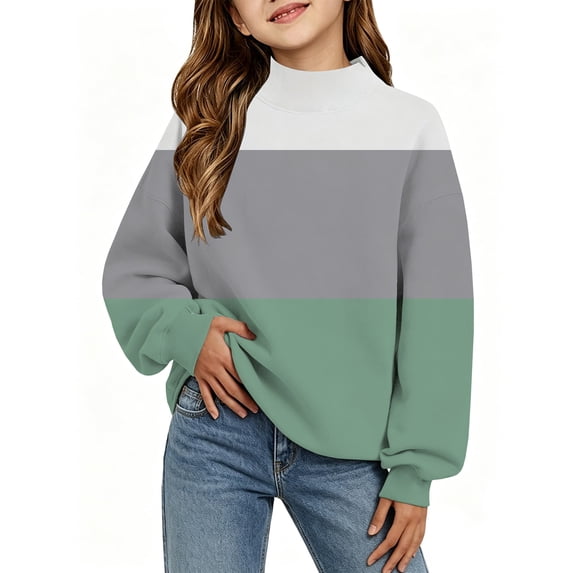 Abcomgle Girls Mock Neck Sweatshirt Oversized Colorblock Long Sleeve Girls Pullover Sweatshirt Cotton Sweaters for Teens Comfort Fall Back To School Outfits for Teen Girls