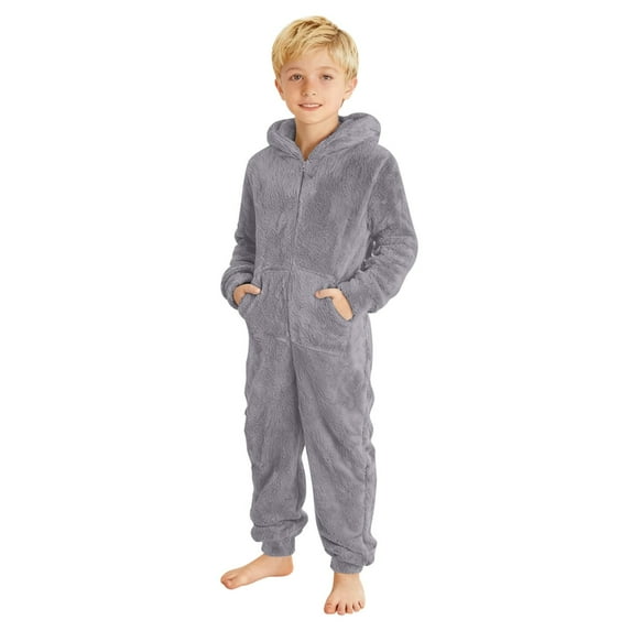 Abcomgle Girls One Piece Pajamas 10/12 Fuzzy Hooded Onesies for Boys Cute Zip Up One Piece Jumpsuits for Kids Furry Sherpa Fleece Onesie Rompers Girls Winter Warm Onesie Pajamas for Boys