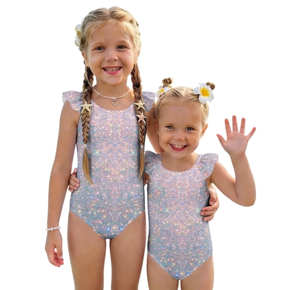 Abcomgle Girls One Piece Swimsuits 10-12 Glitter Sequin Graphic One Piece Swimsuit for Girls Ruffled Stretchy Girls Swimwear
