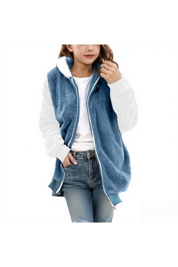 Girls' Outerwear Jackets & Coats Colorblock Zip Sherpa Coat for Girls Warm Hooded Teddy Hoodie for Girls Winter Fleece Fuzzy Pullover for Girls with Pockets